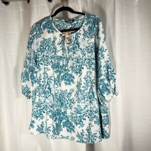 BloomChic Teal Floral Women's Tie Neck Tunic French Toile Print NEW size 18/20